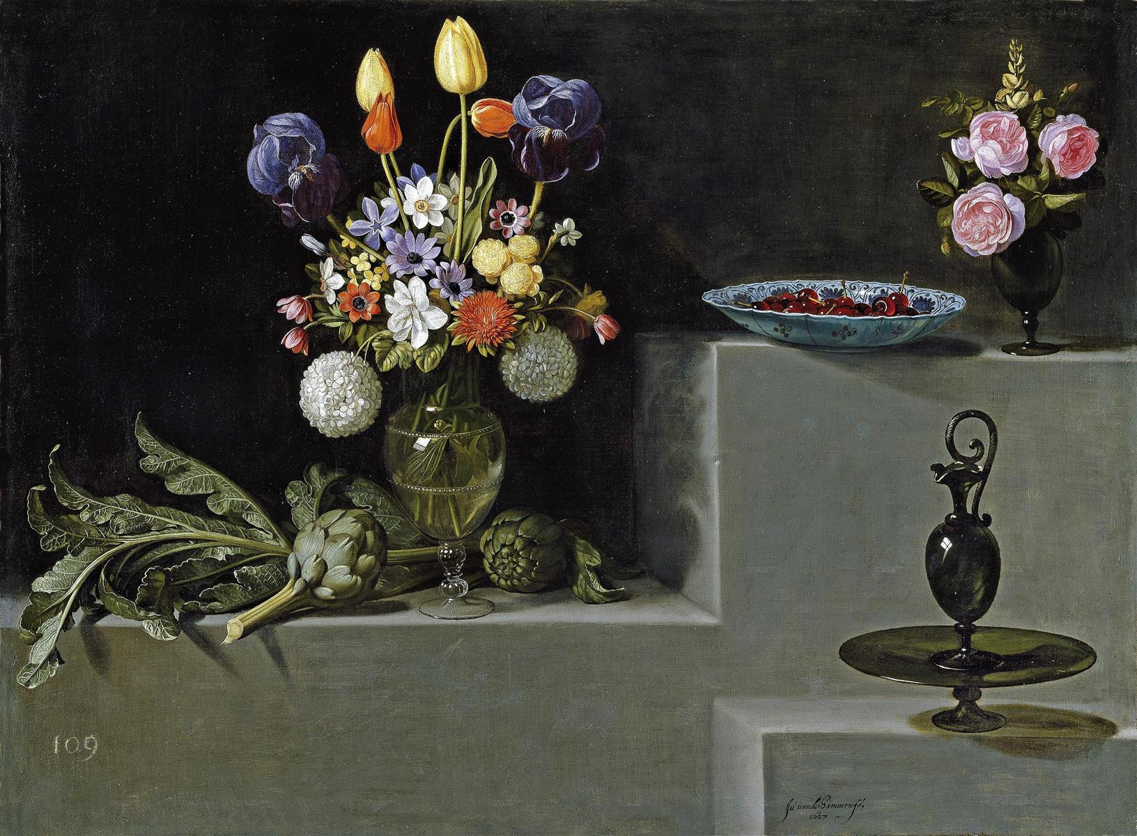 ヤン・ファン・エイク 『アーティチョーク、ガラスの花瓶に入った花のある静物画』 フアン・バン・デル・アメン 【1627】